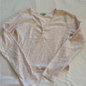 White Ribbed Henley with Pink Bow Motif